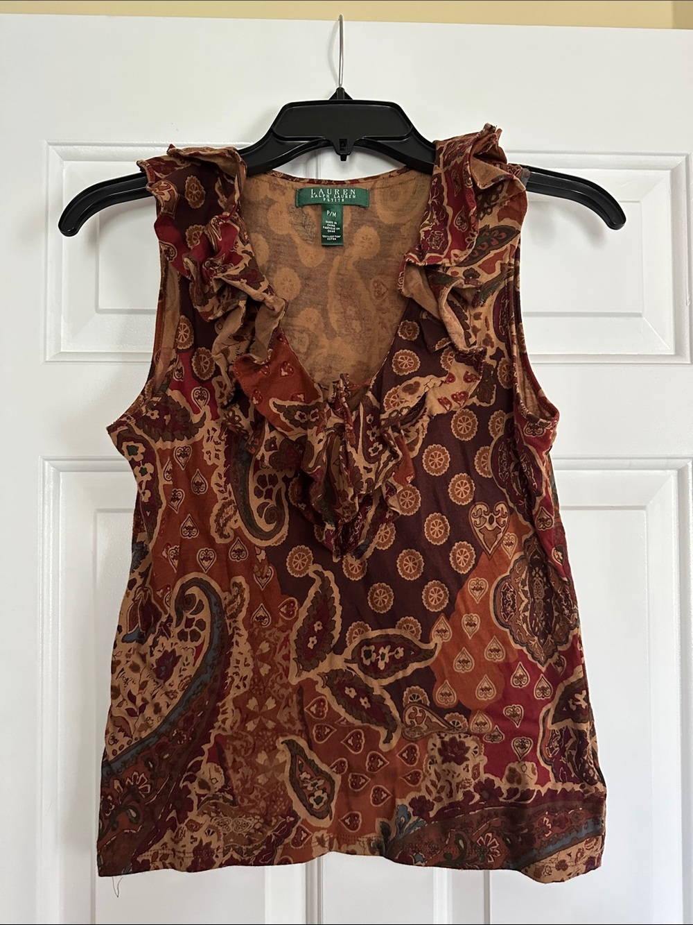 Lauren Ralph Lauren Paisley Ruffle V-Neck Camisole - Rust, Brown